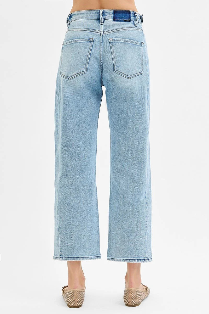 Risen High Rise Crop Barrel Adjustable Waist Band Jeans