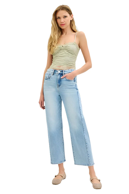 Risen High Rise Crop Barrel Adjustable Waist Band Jeans