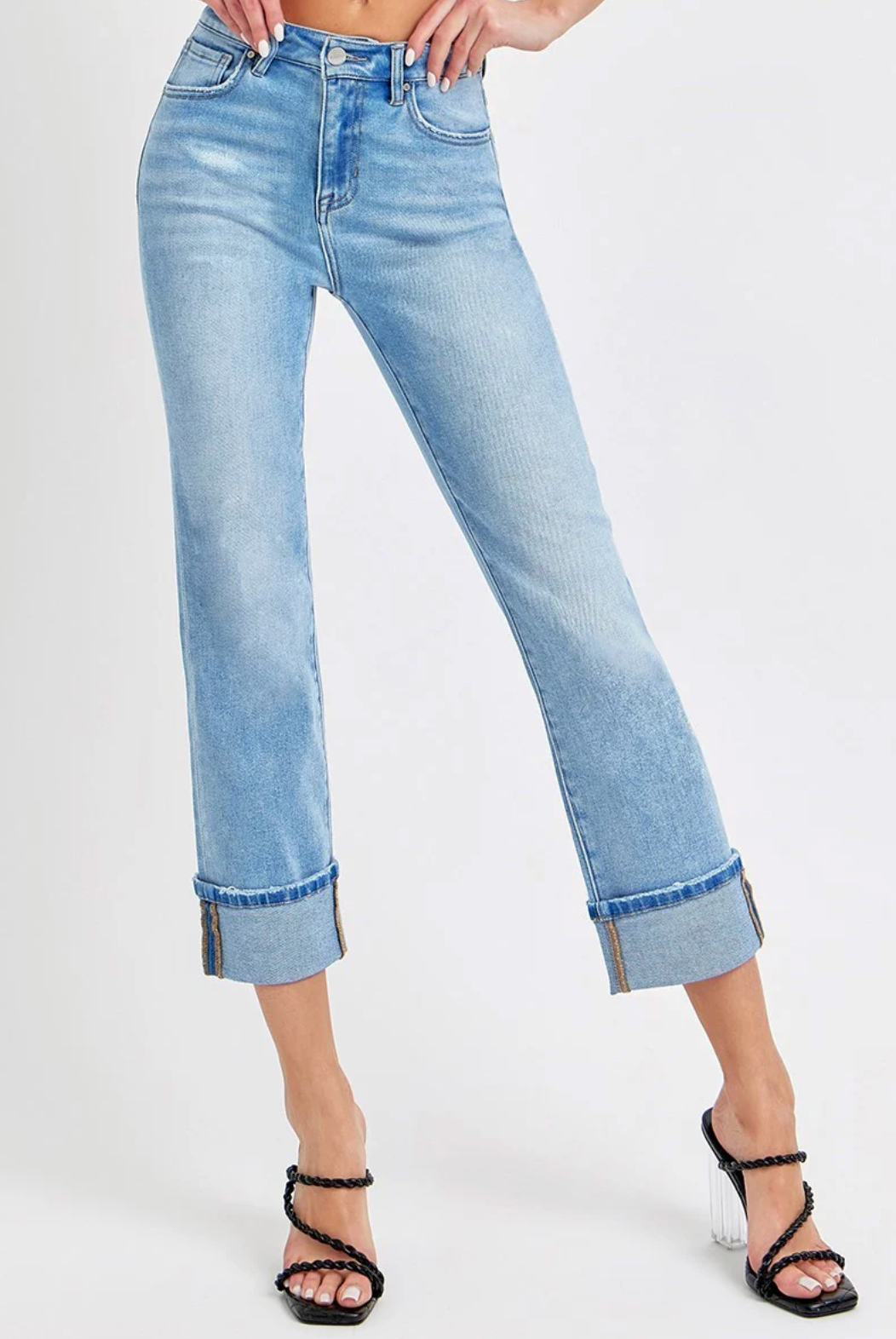 Risen High Rise Ankle Straight Cuffed Jeans Light Wash
