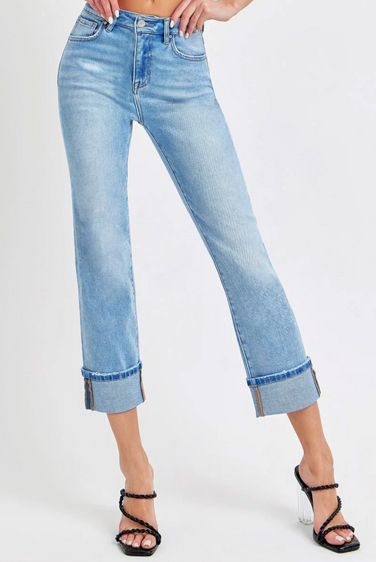Risen High Rise Ankle Straight Cuffed Jeans Light Wash
