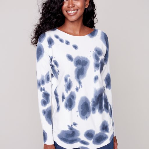 Printed Cuff Lace-Up Sweater - Indigo - Charlie B