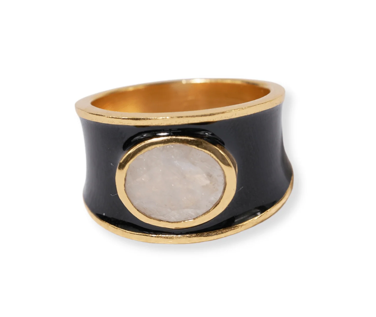 Ink + Alloy Hazel Oval Stone With Enamel Band Ring Black/Clear Black/Clear