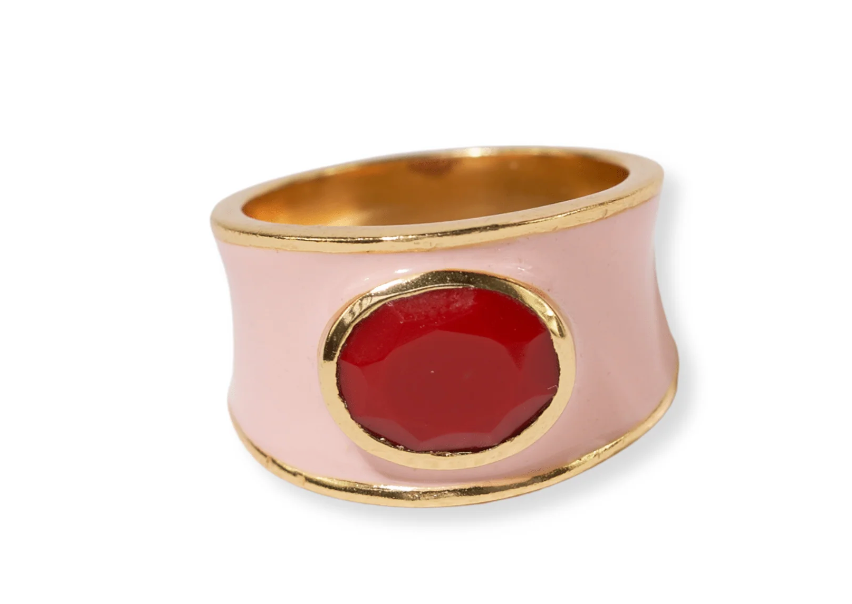 Ink + Alloy Hazel Oval Stone With Enamel Band Ring Blush/Red Blush/Red