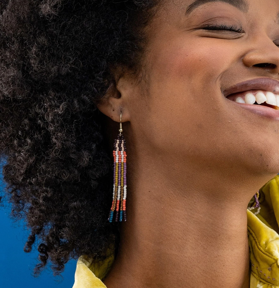 Ink + Alloy Melissa Alternating Two Color Grids Petite Beaded Fringe Earrings Citron + Coral
