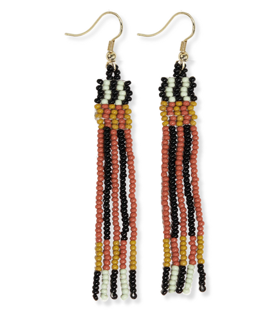 Ink + Alloy Melissa Alternating Two Color Grids Petite Beaded Fringe Earrings Greens + Rust