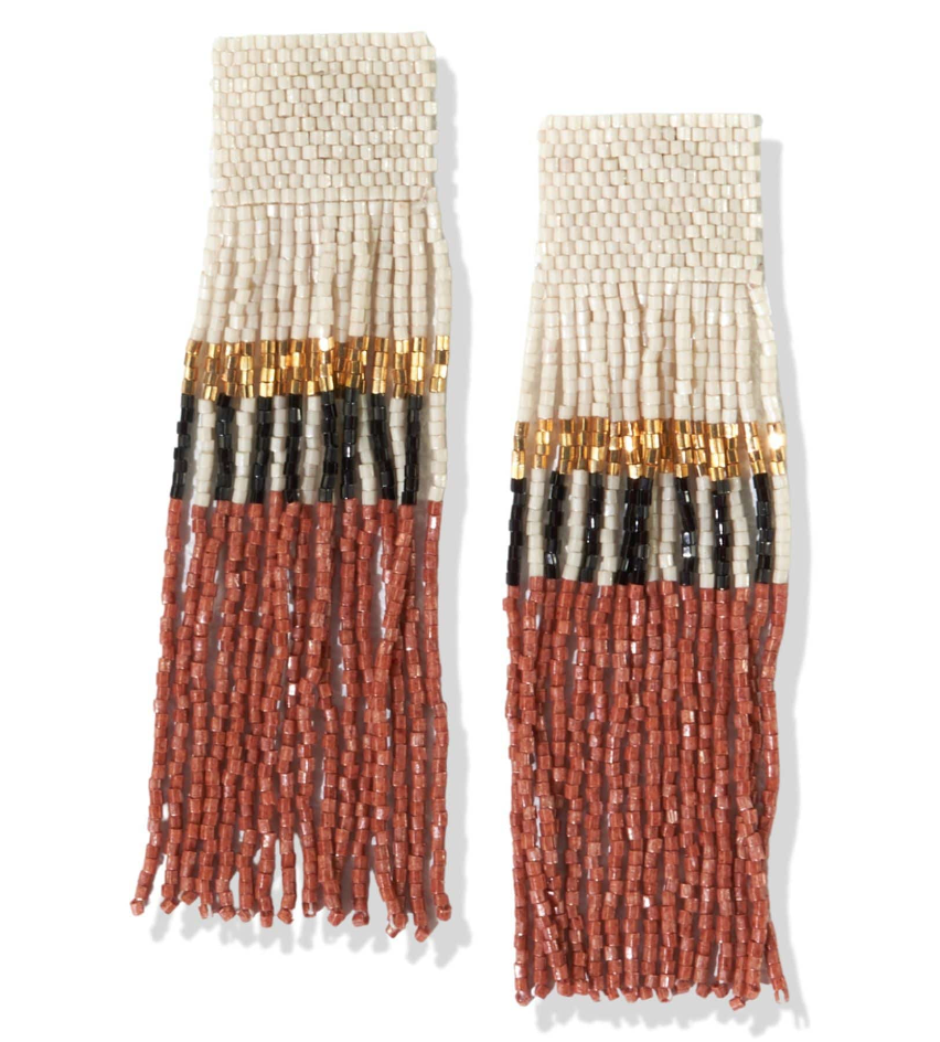 Ink + Alloy Belle Color Block with Stripes Beaded Fringe Earrings Rust