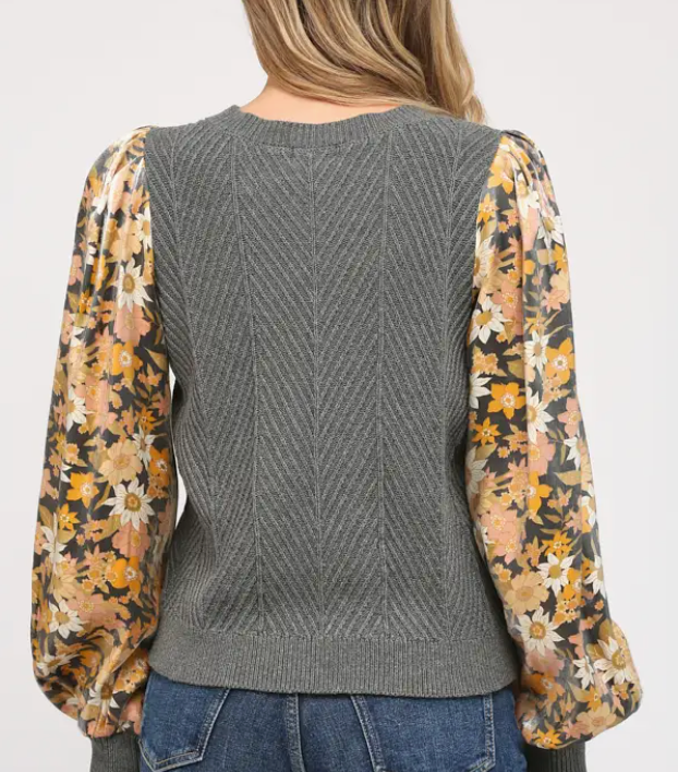 Contrast Printed Puff Sleeve Cable Knit Sweater Charcoal