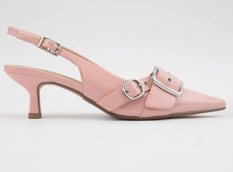 Pink Belt Strap Pointed Toe Kitten Heel Shoe