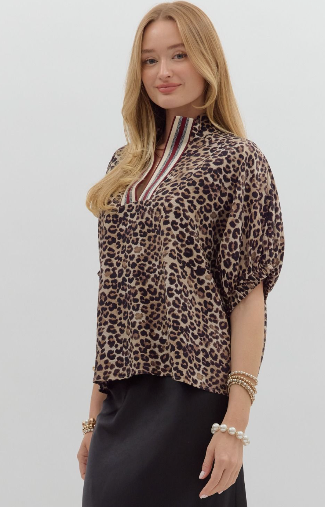 High Collar V Neck Top Wine Mocha Leopard