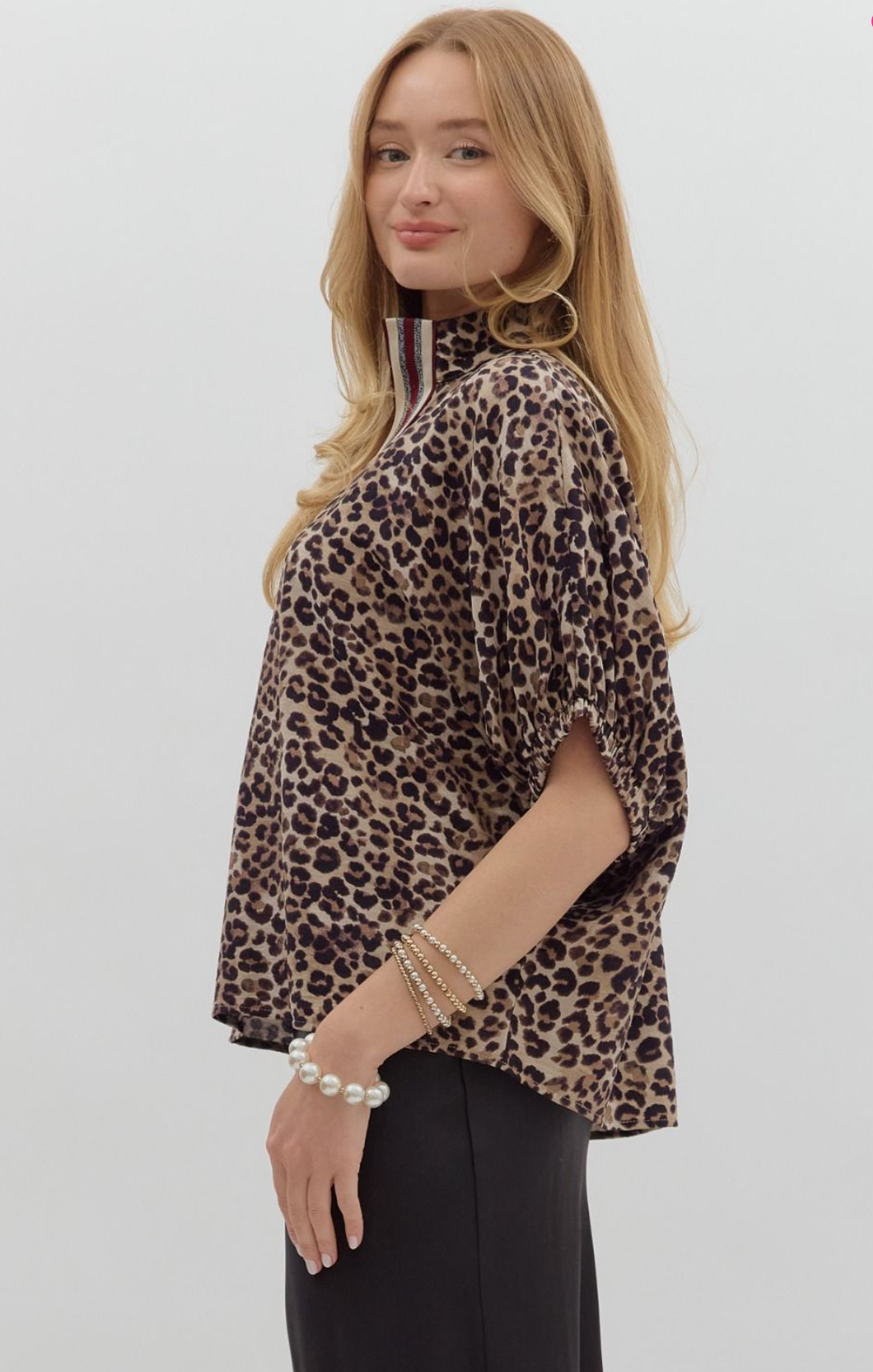 High Collar V Neck Top Wine Mocha Leopard