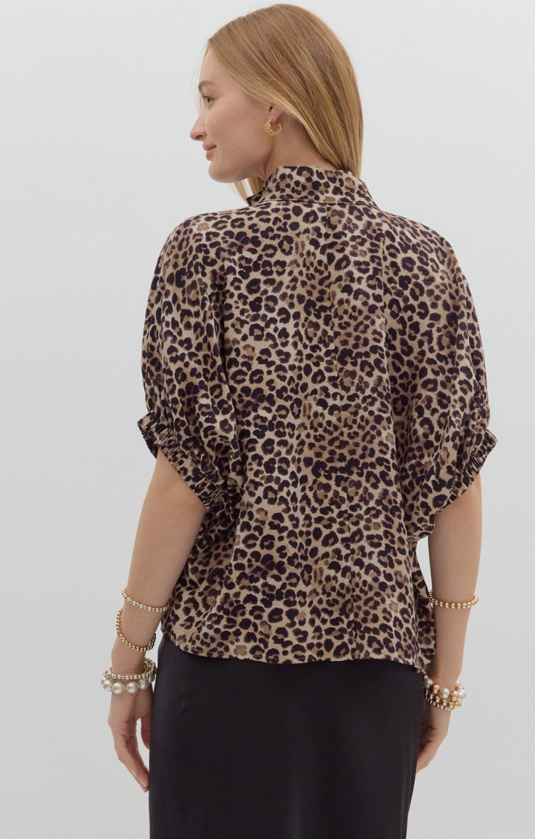 High Collar V Neck Top Wine Mocha Leopard