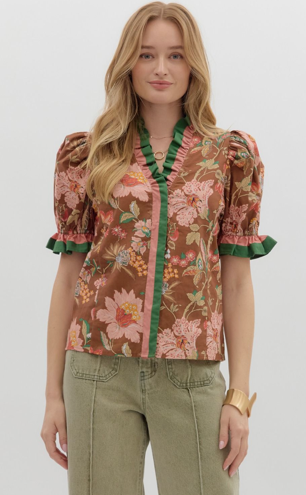 Shoulder Puff Sleeve Blouse Brown Floral