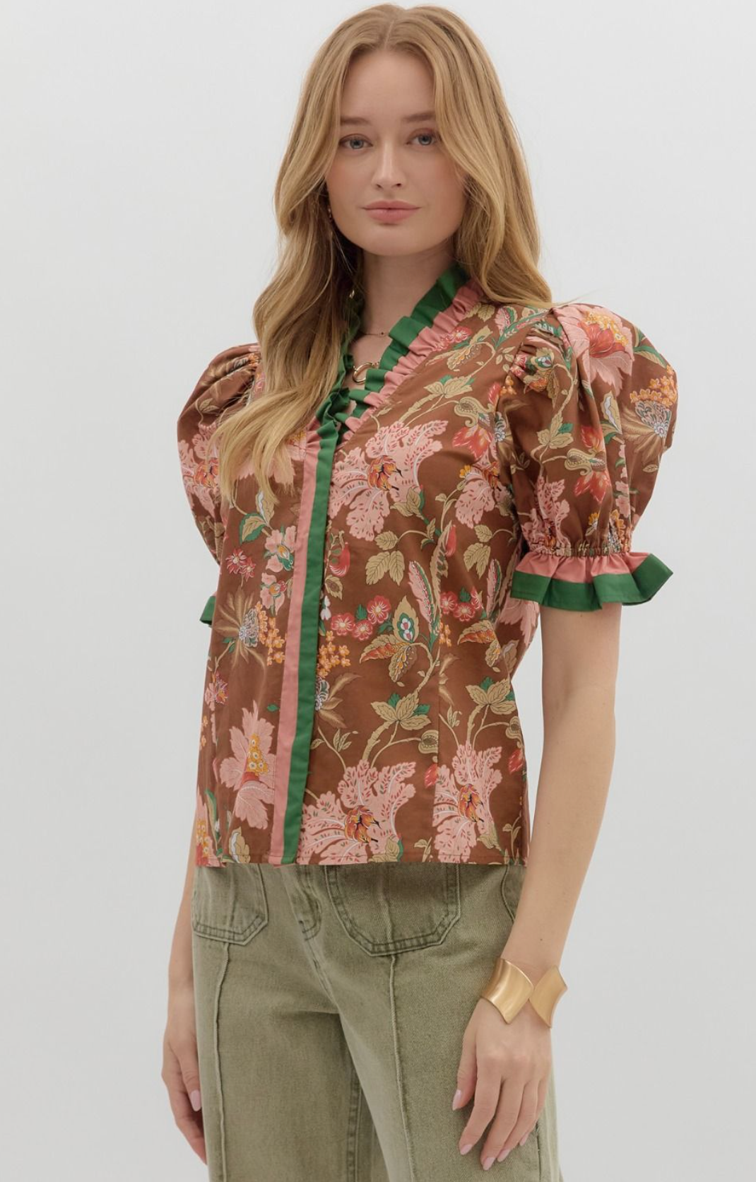Shoulder Puff Sleeve Blouse Brown Floral