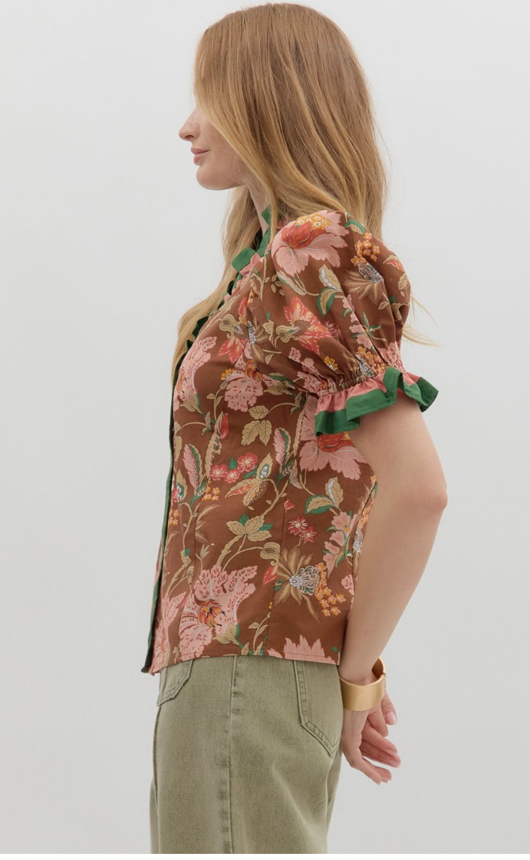 Shoulder Puff Sleeve Blouse Brown Floral