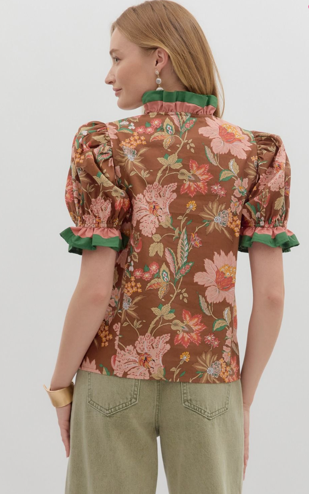 Shoulder Puff Sleeve Blouse Brown Floral
