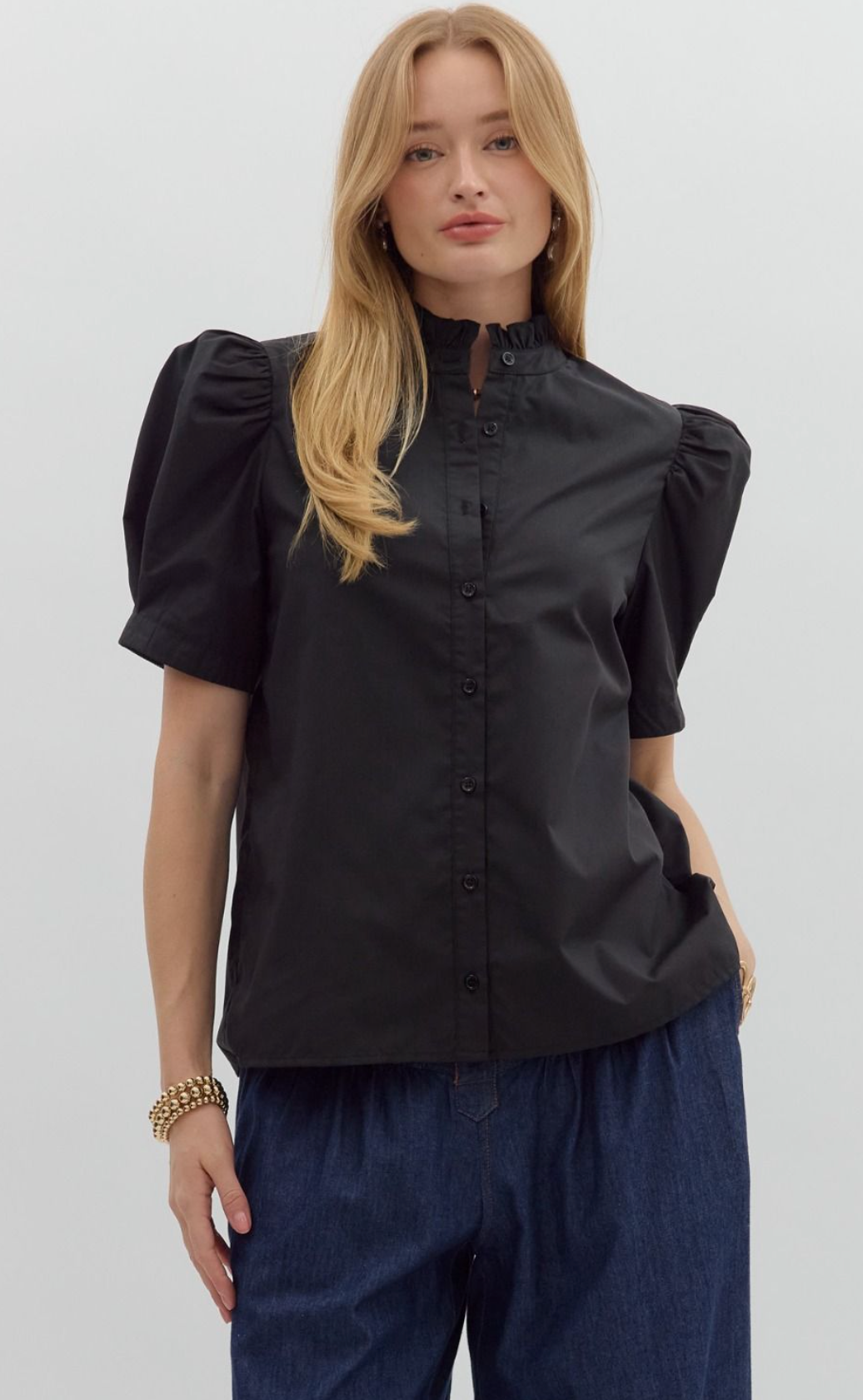 Puff Shoulder Button Up Blouse Black