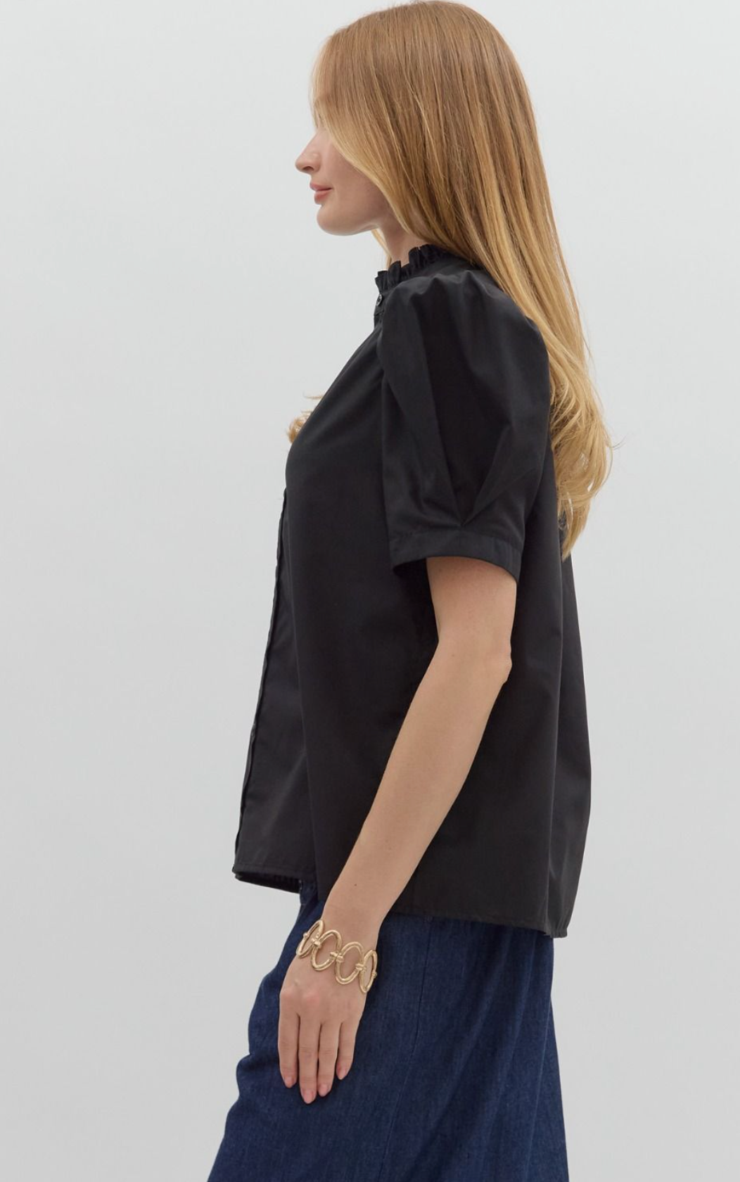 Puff Shoulder Button Up Blouse Black