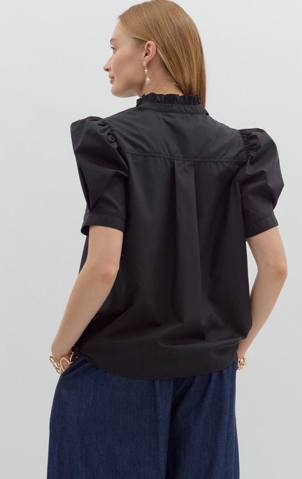 Puff Shoulder Button Up Blouse Black