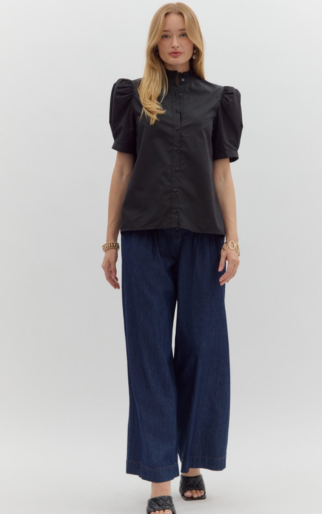 Puff Shoulder Button Up Blouse Black