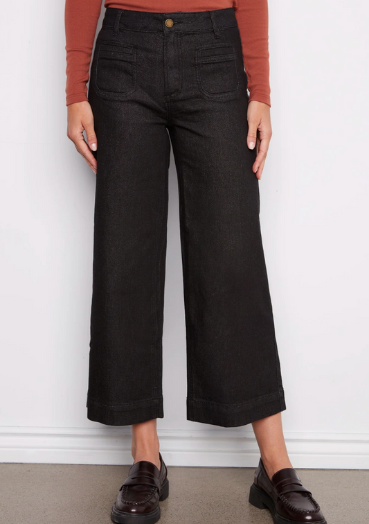 Charlie B Cropped Patch Pocket Flare Twill Pants Lurex Black