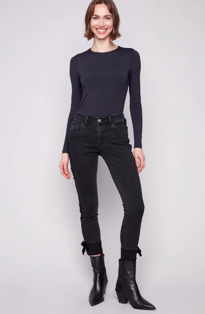 Charlie B Slim Leg Jeans With Velvet Bow - Charcoal