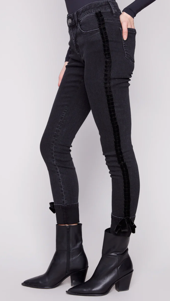 Charlie B Slim Leg Jeans With Velvet Bow - Charcoal