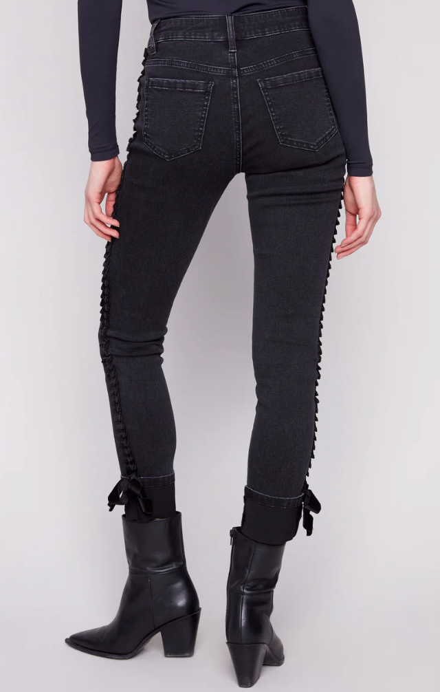 Charlie B Slim Leg Jeans With Velvet Bow - Charcoal