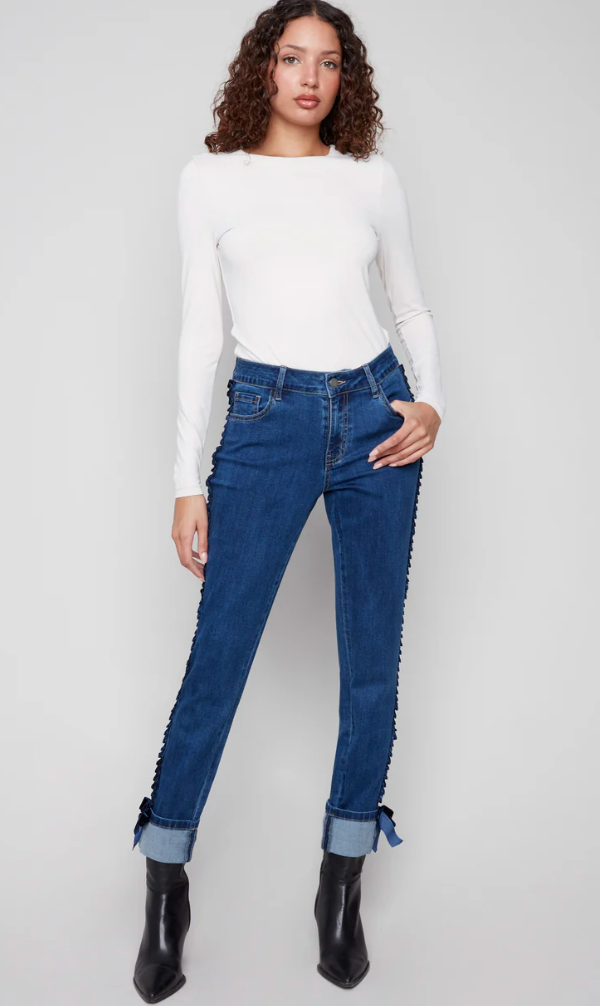Charlie B Slim Leg Jeans With Velvet Bow - Indigo
