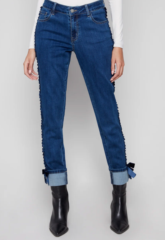 Charlie B Slim Leg Jeans With Velvet Bow - Indigo