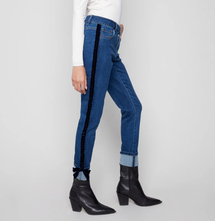 Charlie B Slim Leg Jeans With Velvet Bow - Indigo