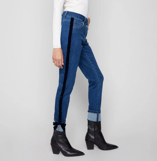 Charlie B Slim Leg Jeans With Velvet Bow - Indigo