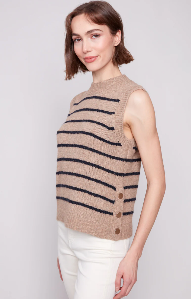 Charlie B Striped Sleeveless Sweater Vest - Heather Camel