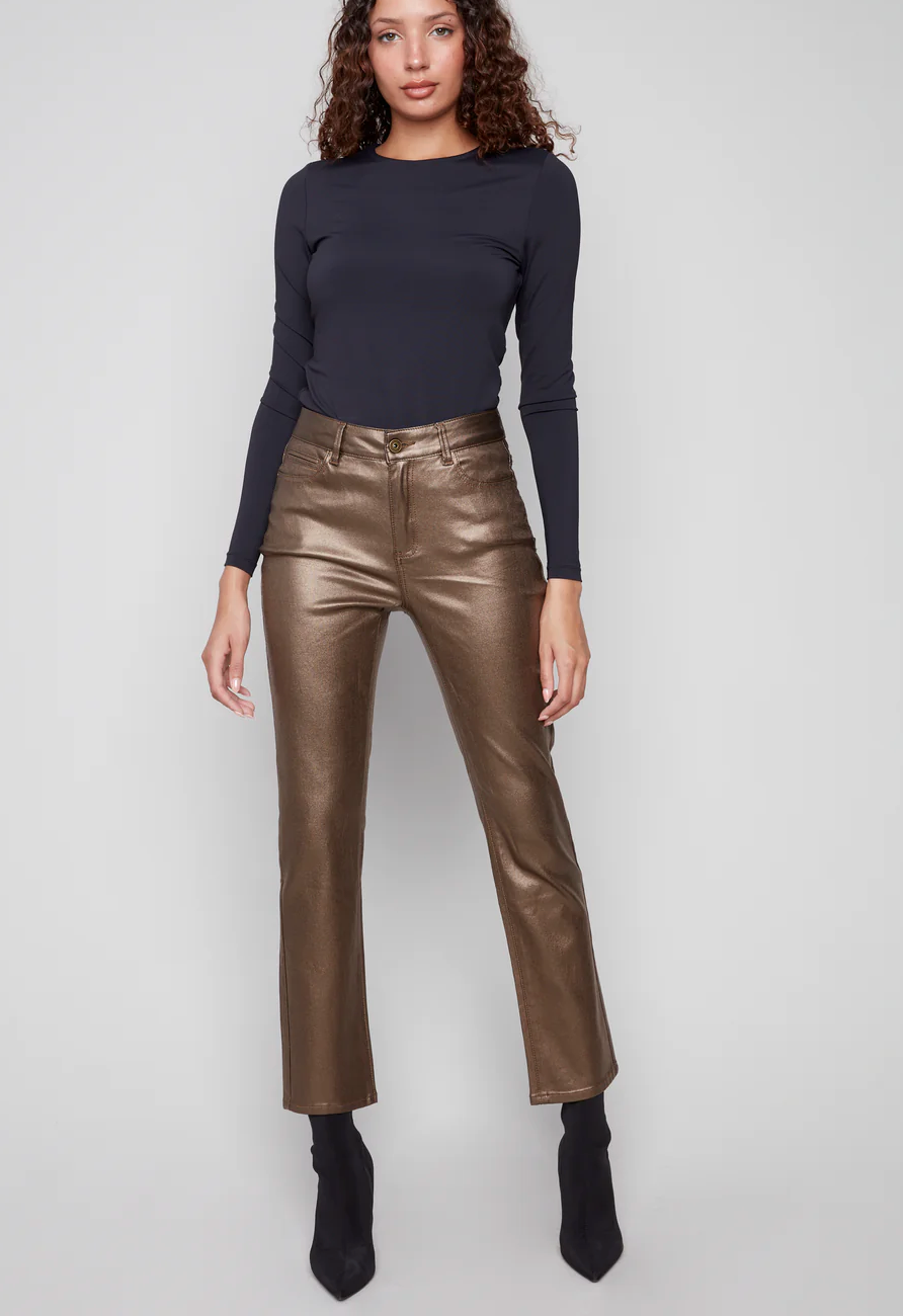 Charlie B Slim Leg Metallic Wax Twill Pants- Copper