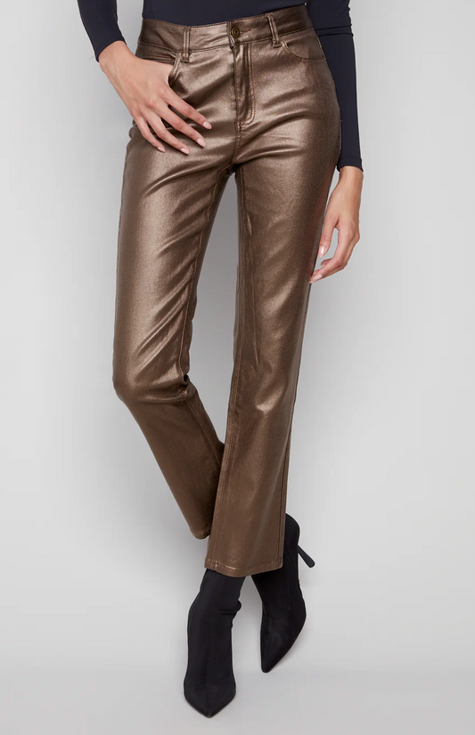Charlie B Slim Leg Metallic Wax Twill Pants- Copper