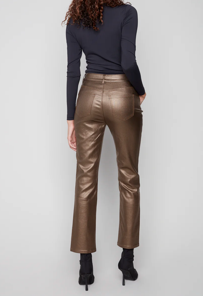Charlie B Slim Leg Metallic Wax Twill Pants- Copper