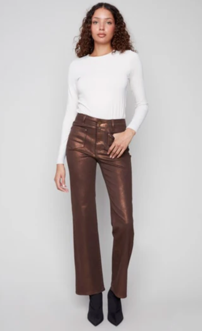 Charlie B Flare Leg Foil Twill Pant Bronze