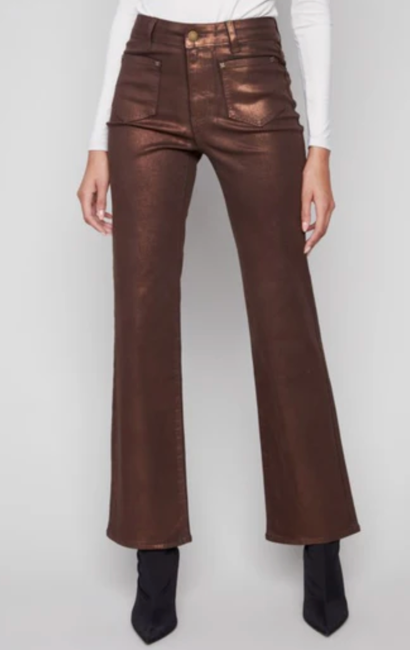 Charlie B Flare Leg Foil Twill Pant Bronze