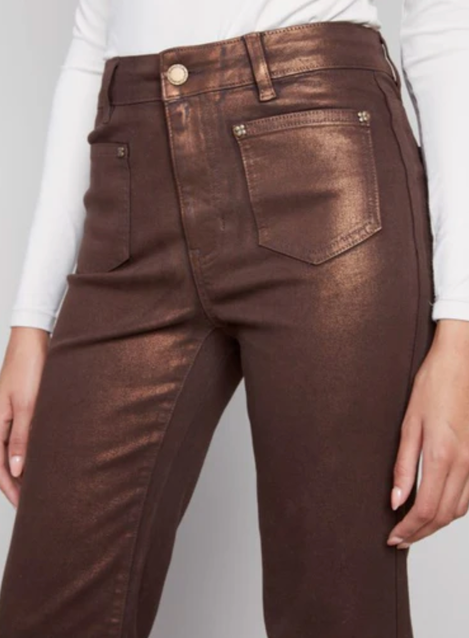 Charlie B Flare Leg Foil Twill Pant Bronze