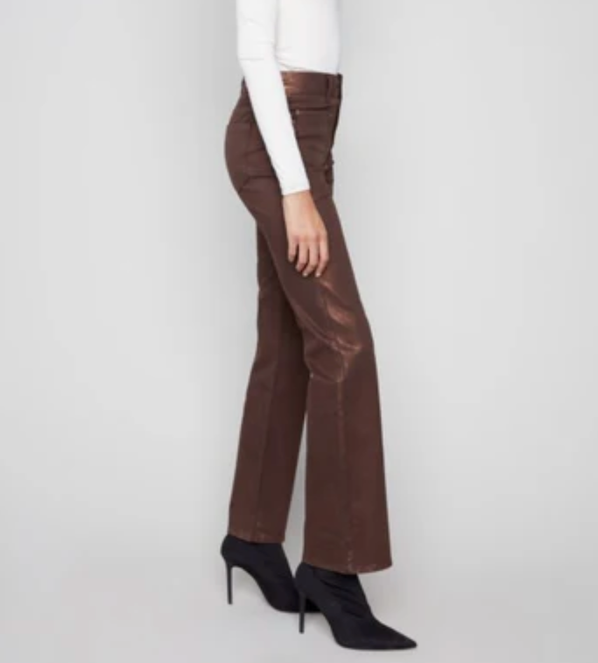 Charlie B Flare Leg Foil Twill Pant Bronze