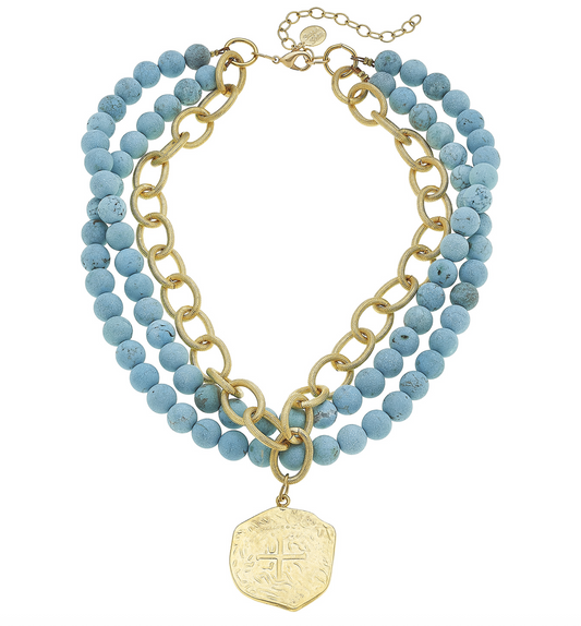 Susan Shaw Multi Strand Turquoise + Coin Necklace