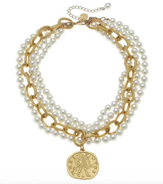 Susan Shaw Handcast Gold Coin and Pearl Necklace