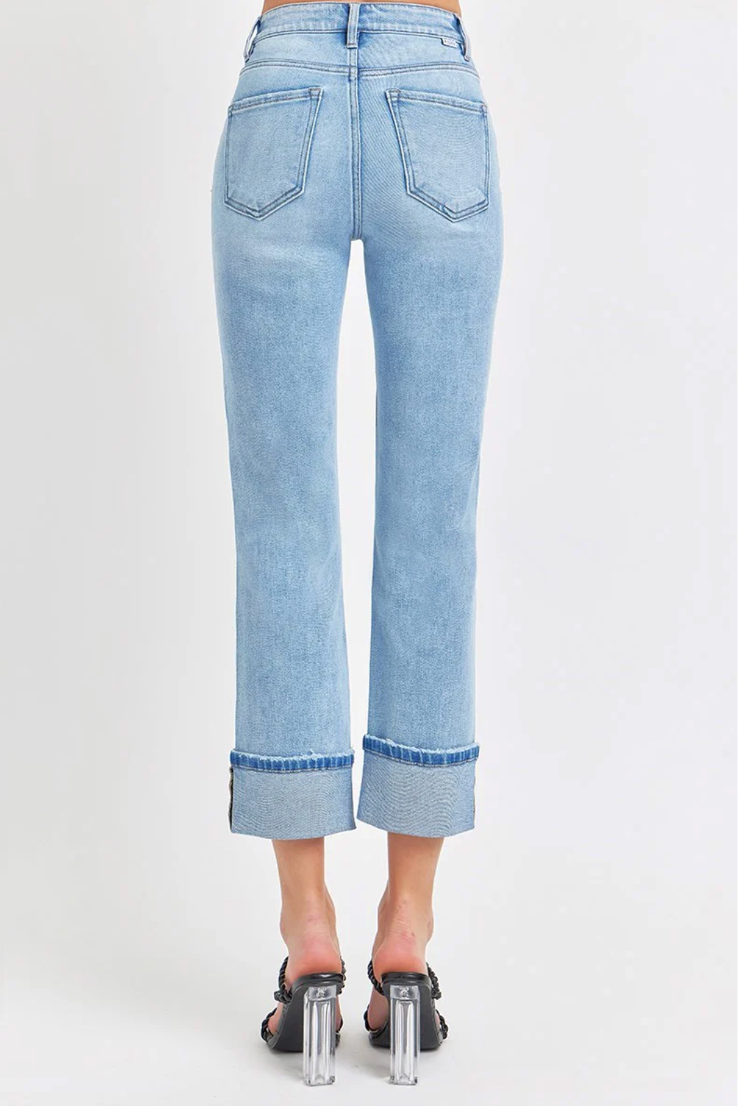 Risen High Rise Ankle Straight Cuffed Jeans Light Wash