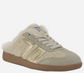 Back 70 Easter FL backless sneaker mule with shearling upper, gold metallic stripe accents, suede toe cap, and gum sole.