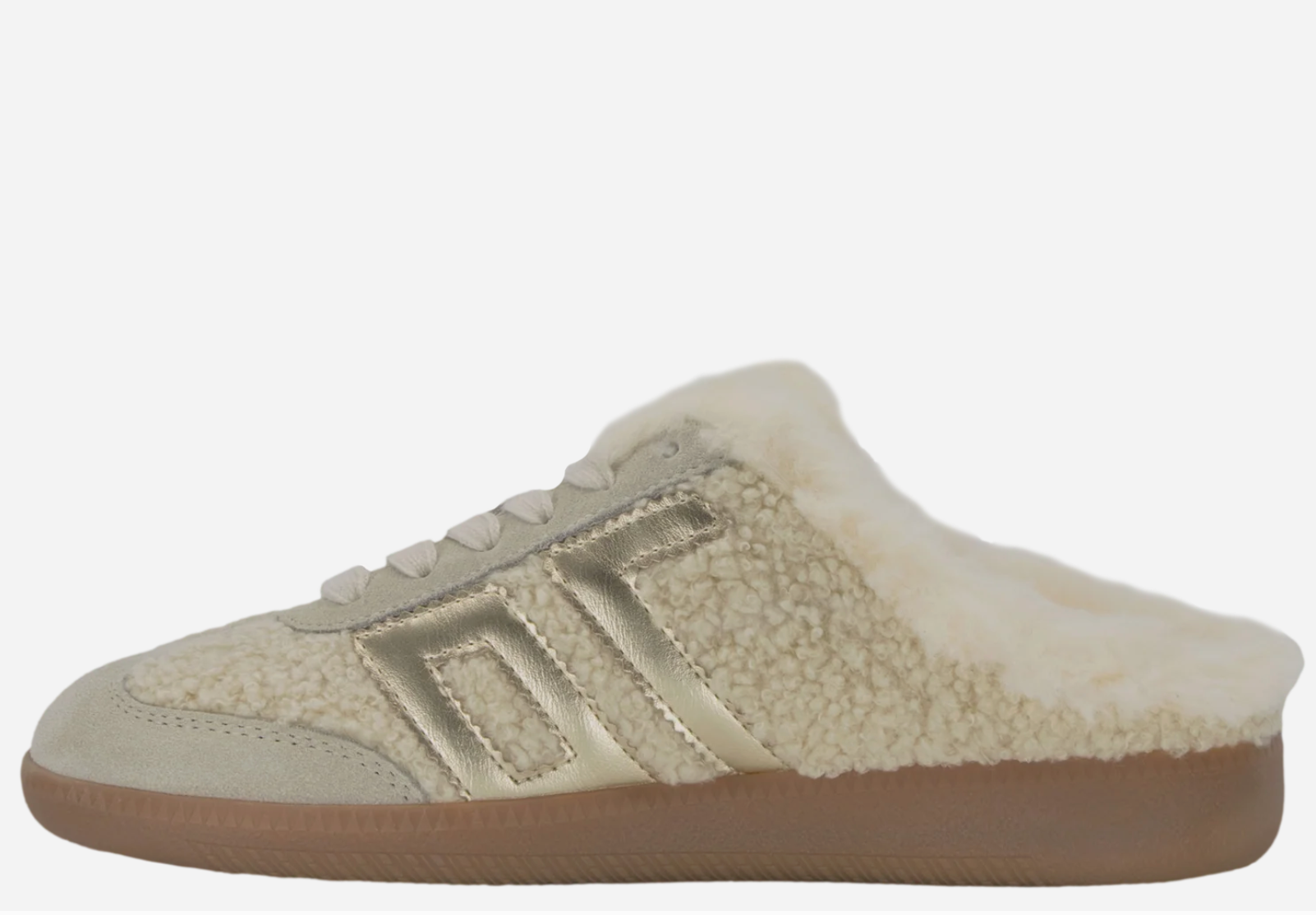 Back 70 Easter backless sneaker mule with shearling upper, gold three-stripe detail, suede toe cap, and gum sole.