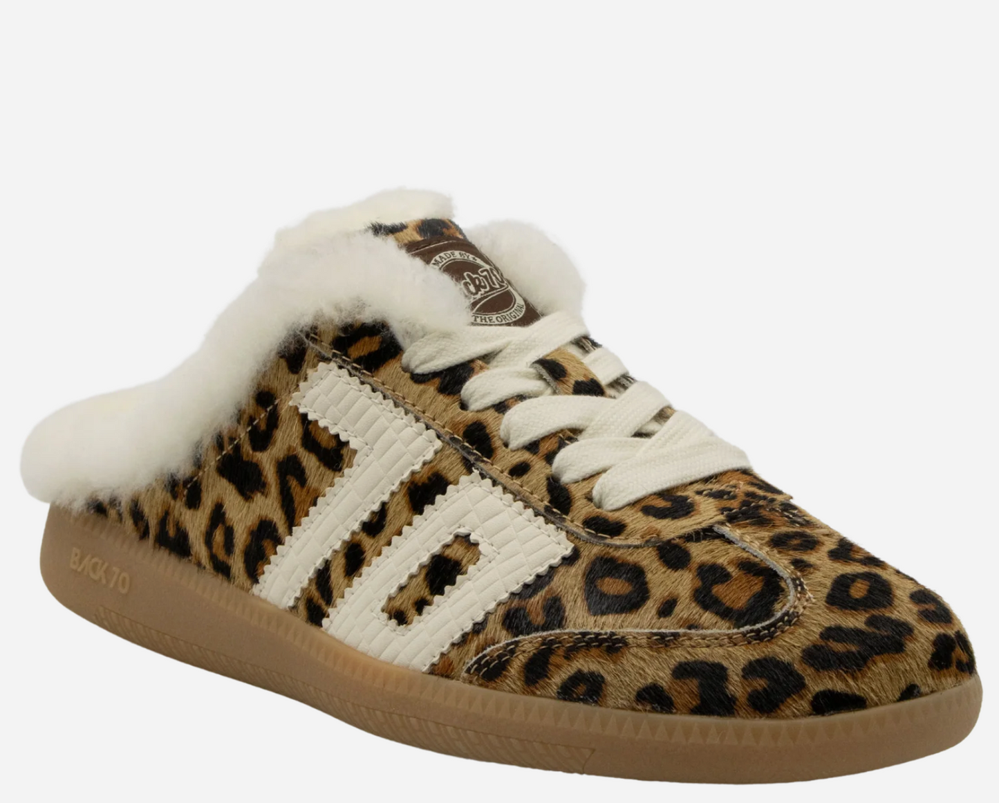Back 70 Easter FL leopard backless sneaker with cream fur collar, three white stripes, cream laces, and gum sole.