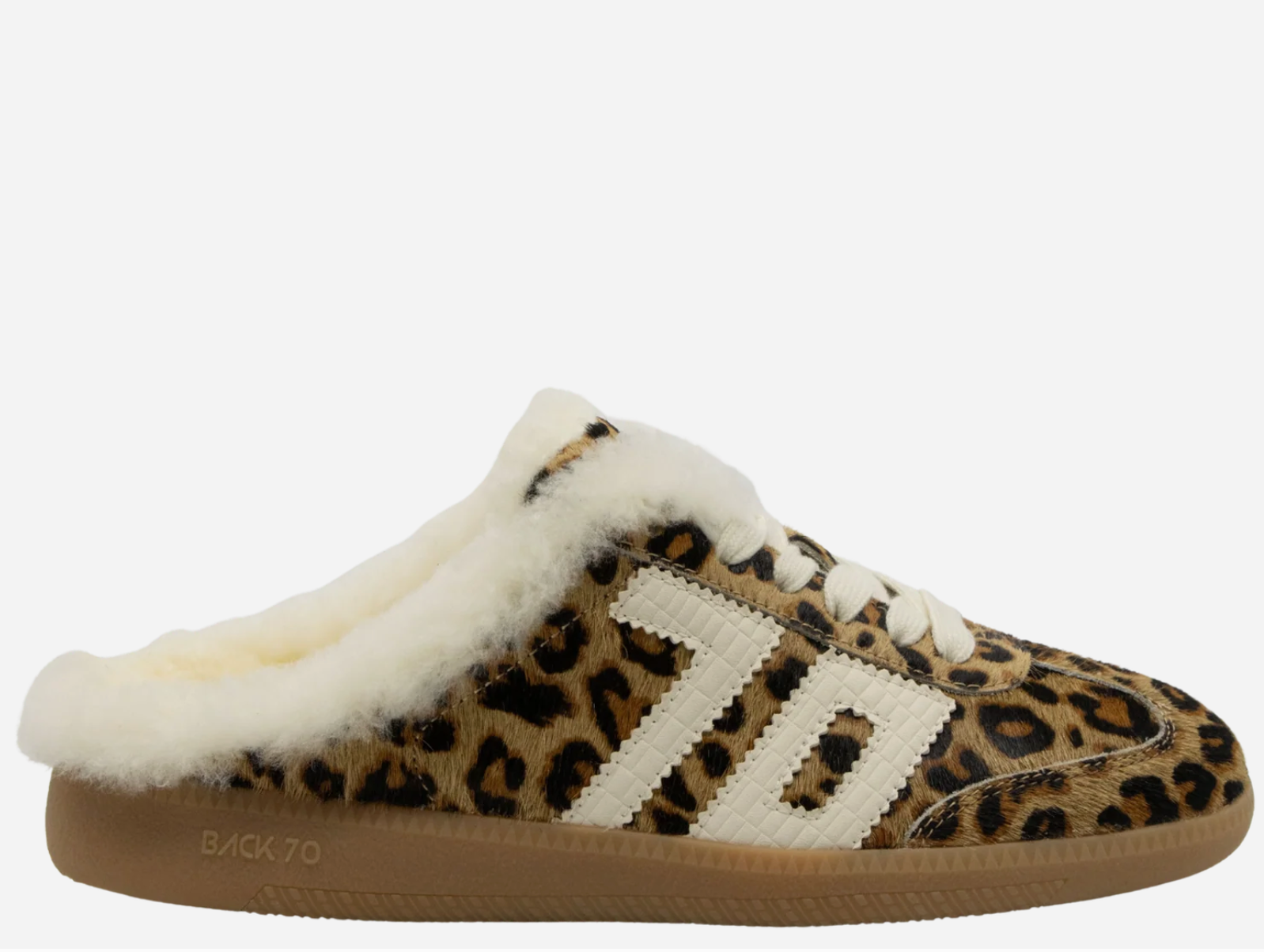 Back 70 Easter FL backless sneaker mule in leopard print calf hair with shearling lining and gum sole, side view.