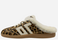 Back 70 Easter FL leopard-print backless sneaker mule with cream shearling fur lining and white three-stripe detail, side view.