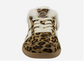 Back 70 Easter FL leopard print sneaker, front view, with shearling collar, white laces, side stripe, and gum sole.