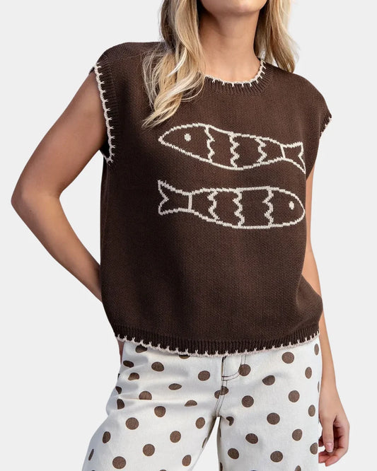 Fish Cap chocolate brown knit sleeveless top featuring two cream fish intarsia designs and whipstitch trim detailing.