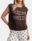 Fish Cap chocolate brown knit sleeveless top featuring two cream fish intarsia designs and whipstitch trim detailing.